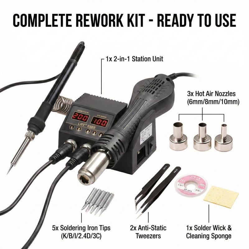 LRT-8868 2-in-1 Rework Station, 580W Hot Air Gun & 60W Soldering Iron Station Kit, Digital Dual LED Display, 212°F-896°F Precision Temp, Fast Heating SMD Soldering Kit for Electronics Repair & PCB DIY