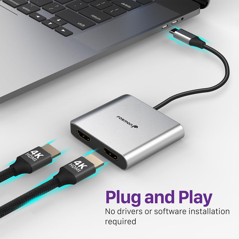 Fosmon USB C to HDMI Adapter (4k@60Hz), Dual HDMI Output with Aluminum Body, USB C Extender compatible with MacBook Pro/Air, iPhone15 Pro max, Dell, Lenovo, Samsung Galaxy