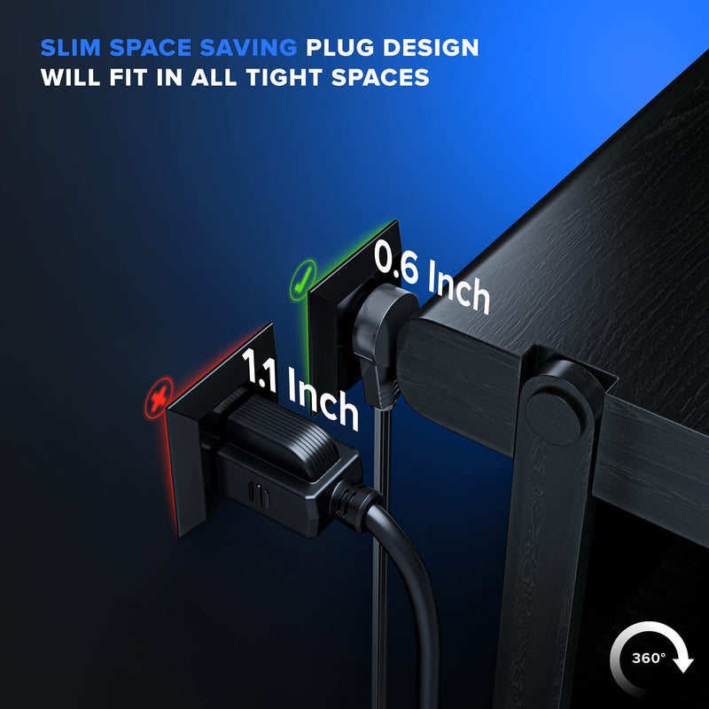 Maximm Cable 0.5 Ft 360° Rotating Flat Plug Extension Cord/Wire, 16/3 AWG Multi 3 Outlet 3-Prong Grounded Wire - Black - 3 Pack - UL Certified