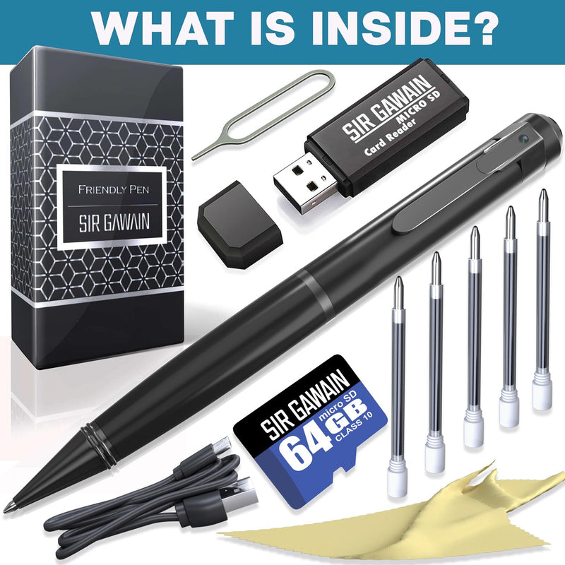 SIRGAWAIN 64GB Premium Body Camera Pen - Full HD Video and Photo, Long Battery Life, Motion Detection, Easy to Use 1080p Body Cam Royal Black + 64GB