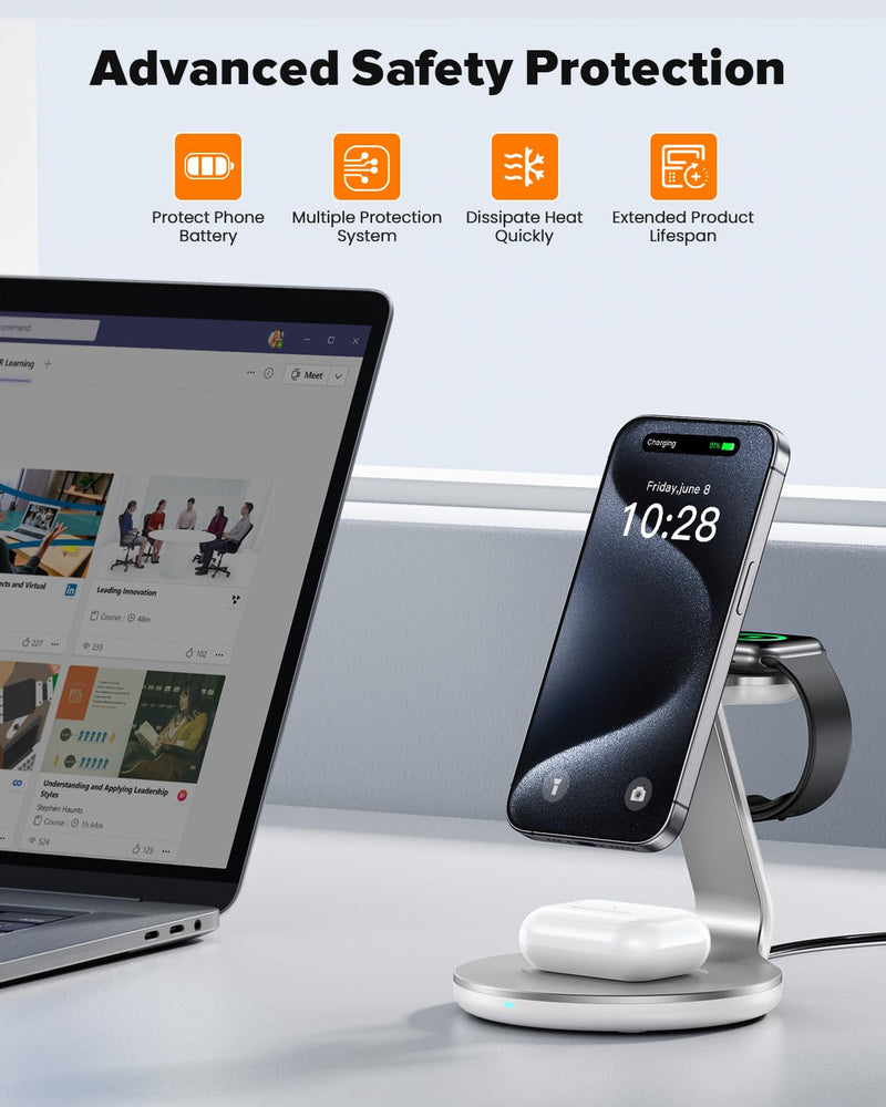 3 in 1 Charging Station Compatible with Magsafe Charger Wireless Charger Stand for iPhone 15 14 13 12 Series Wireless Charging Station for AirPods Wireless Charging Stand for iWatch Series Silver
