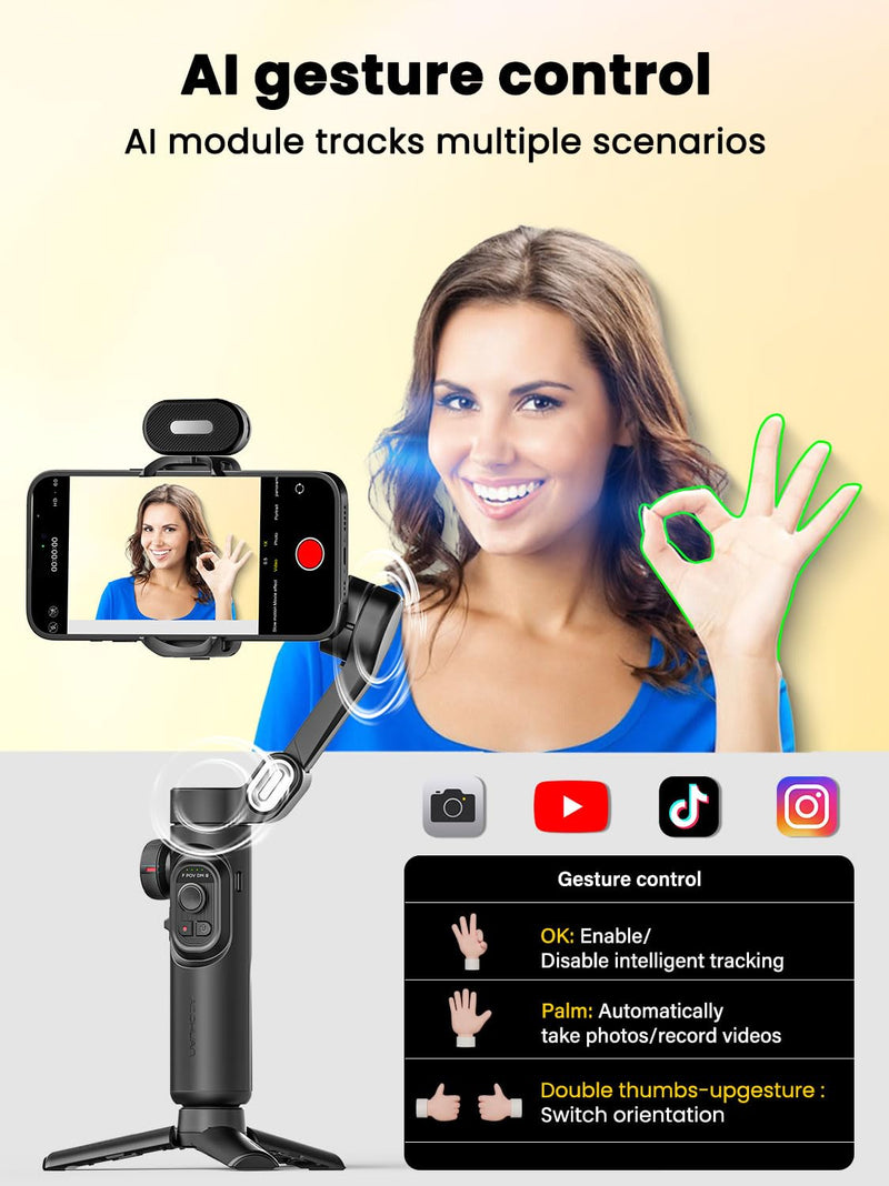 AOCHUAN XE AI Version,Gimbal Stabilizer for Smartphone,NO APP AI Tracking, Gesture Control,360°Inception Gimbal with TikTok YouTube,3-Axis Foldable Handheld Tripod for iPhone& Android,Black Smart XE AI