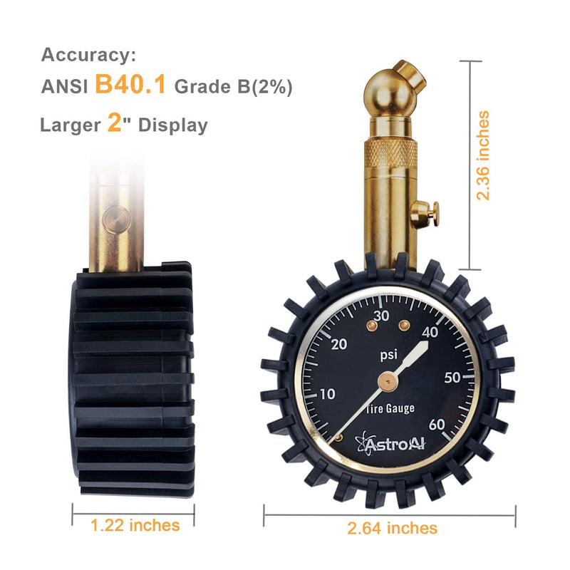 AstroAI Tire Pressure Gauge 60 PSI, Large 2" Easy Read Glow Dial Tire Gauge, Certified ANSI B40.1 Accurate, Compatible for Bicycle, Car, SUV, Truck & Motorcycle