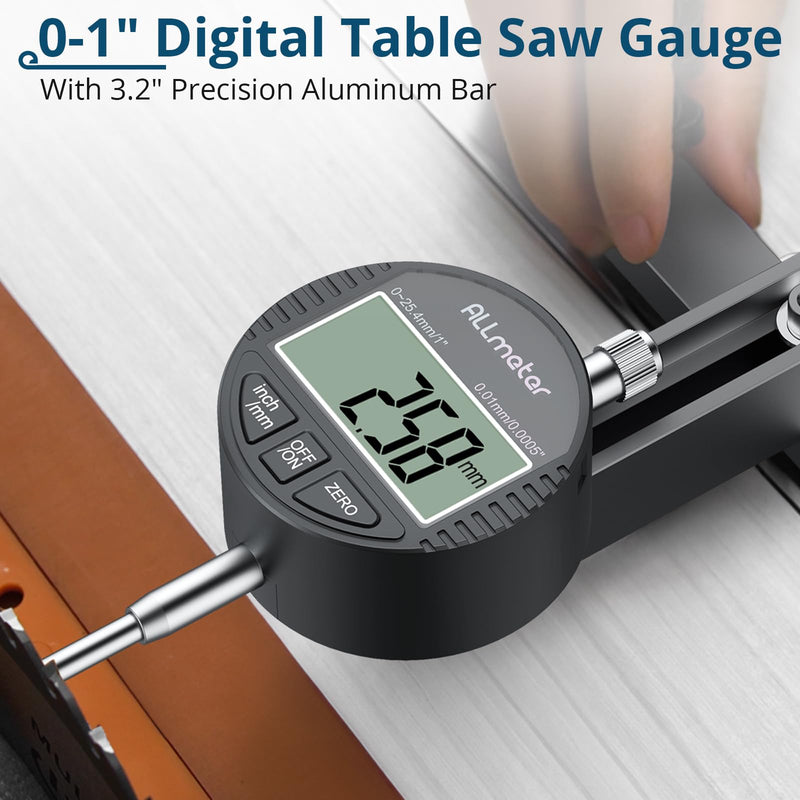 Digital Table Saw Gauge | Straight-Through Chute Design | 0.01mm Precision Dial Indicator | 3/4"(19mm) Aluminum Bar | for Blade/Fence/Arbor Alignment | Fits Saws with ≥3/4" Miter Slots Black 0~1 inch straight through