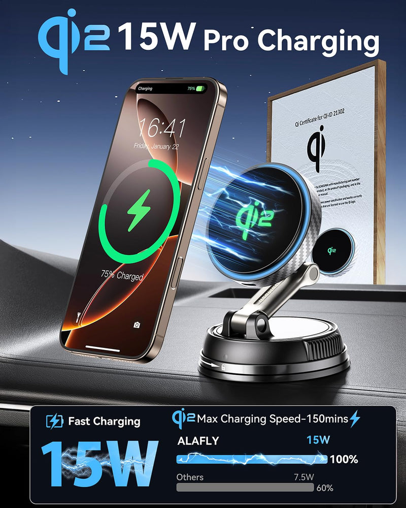 Qi2 Certified 15W for Magsafe Car Mount Charger, [78+LBS Stronger Vacuum Suction] 360° Adjustable & Fast Charging Magnetic Phone Holder for Vent/Dashboard/Windshield/All Car Surface