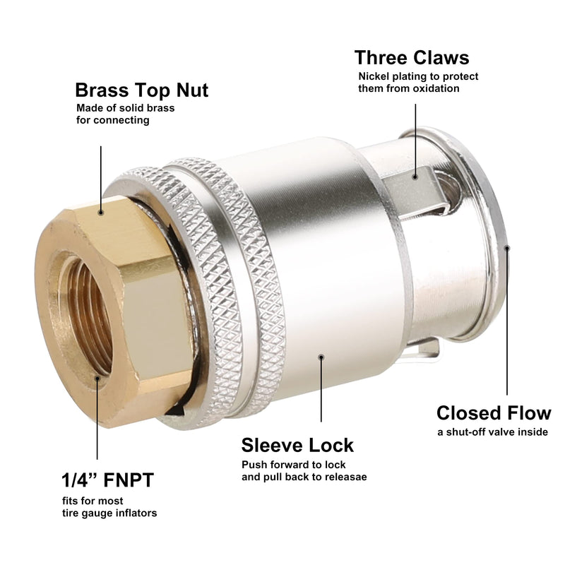 Hromee Lock On Air Chuck for Large Bore Valve, Heavy Duty Closed Flow Tire Chuck, 1/4" FNPT for Tire Inflator and 12V1 Stem Quick Connector