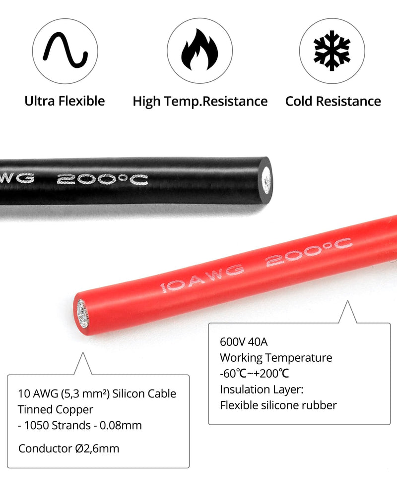 QWORK 10AWG 6mm² silicone electronics cable - 2.5M black and 2.5M red - 10 gauge silicone wire car cable flexible and soft low impedance 1050 strands OFC tinned wires 10 awg 5m