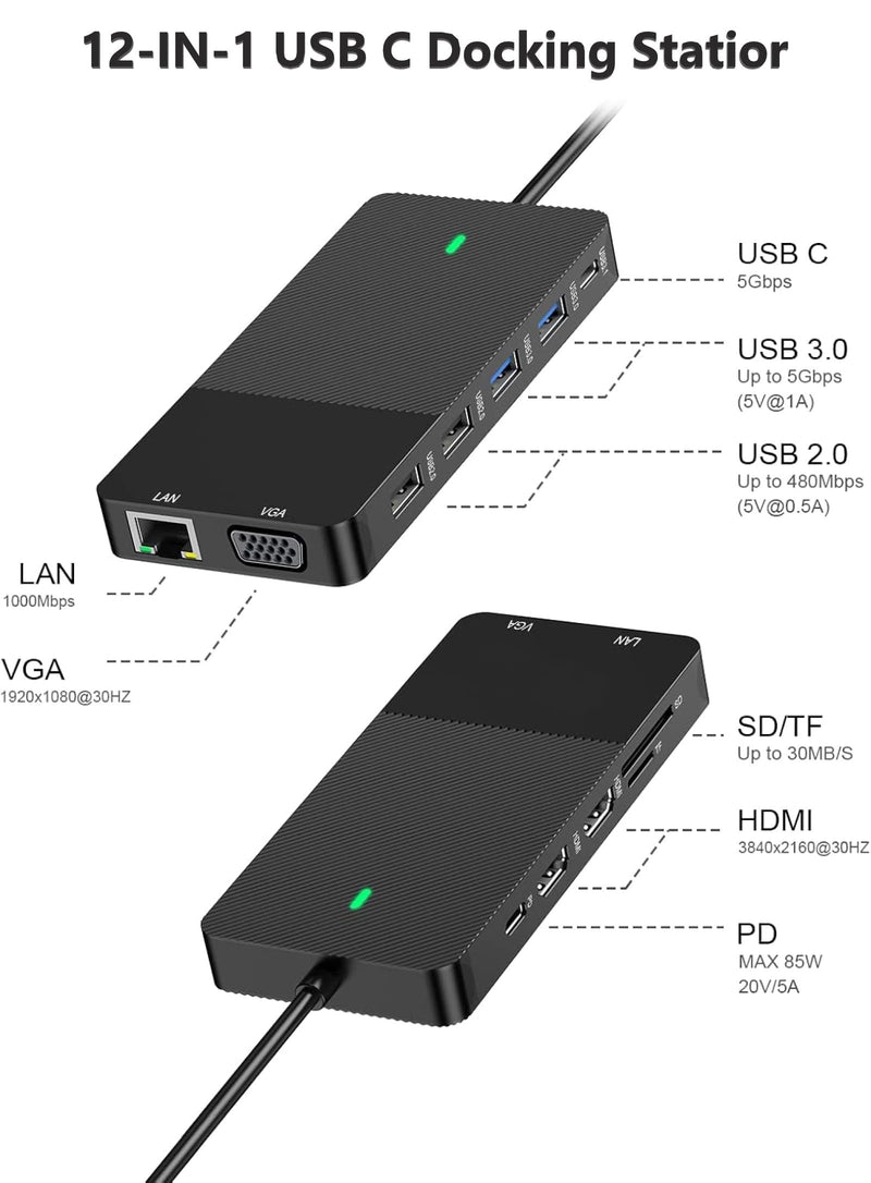 12-in-1 USB C Docking Station with Dual 4K HDMI, VGA, Gigabit Ethernet, 100W PD Charging, 4 USB Ports, SD/TF Card Reader for MacBook/Windows/Laptop