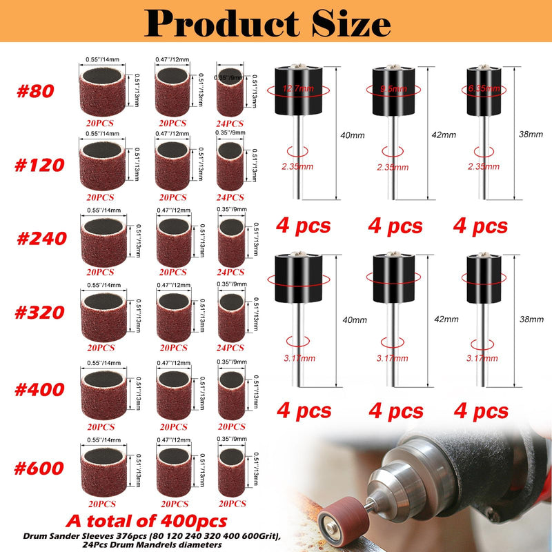 mxuteuk 400 Pieces Sanding Drum Set, Sanding Disc Set with 376 Pieces (80, 120, 240, 320, 400, 600), 24 Sanding Drum Mandrels in Different Diameters 400 pieces