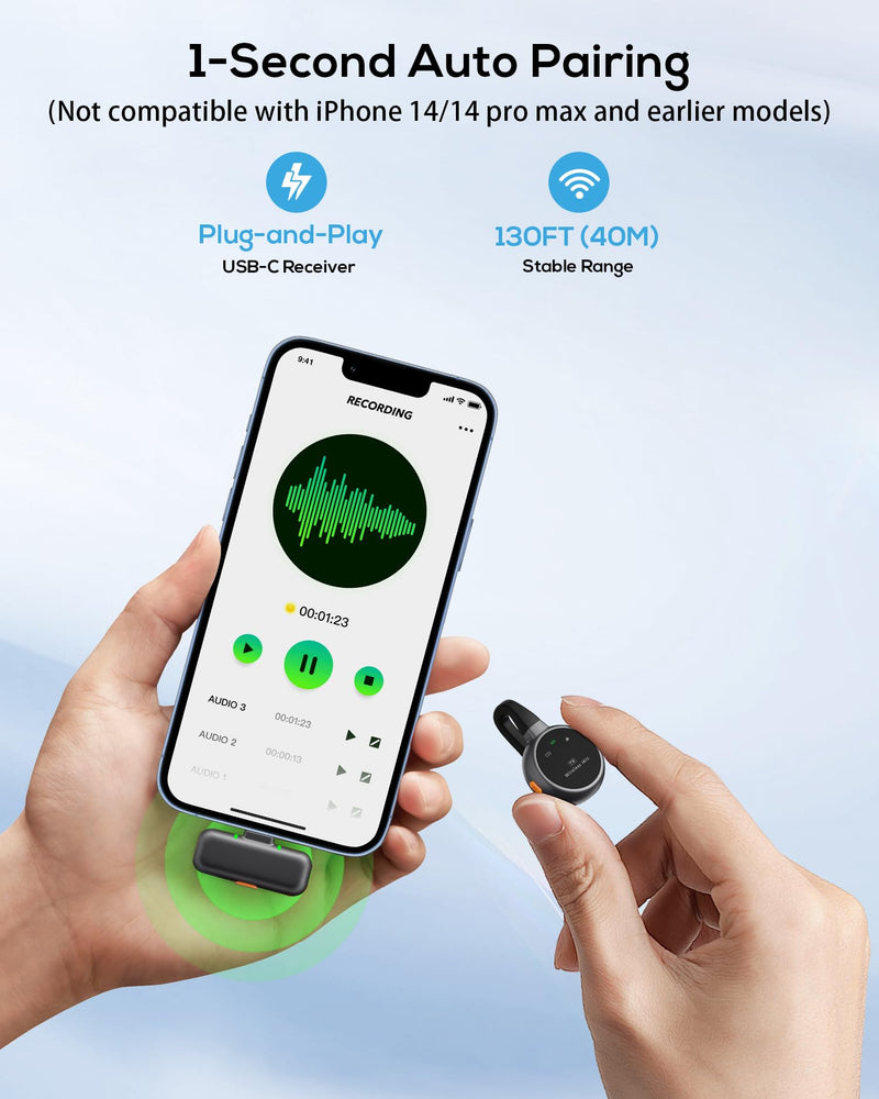 Wireless Lavalier Microphone for iPhone, iPad, Android - USB-C Plug Noise Cancelling Lapel Mini Mic with Charging Case, 30H Battery - Compact Clip-on Mic for YouTube, TikTok, Podcast, Video Recording Black