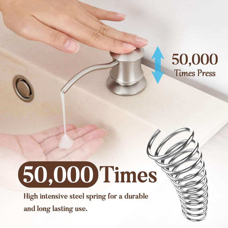 Built in Soap Dispenser for Kitchen Sink Countertop, Solid Brass Pump Head Long Spout with 10.2 Ounce PET Food Safe Material Lotion Bottle, Brushed Nickel Finish