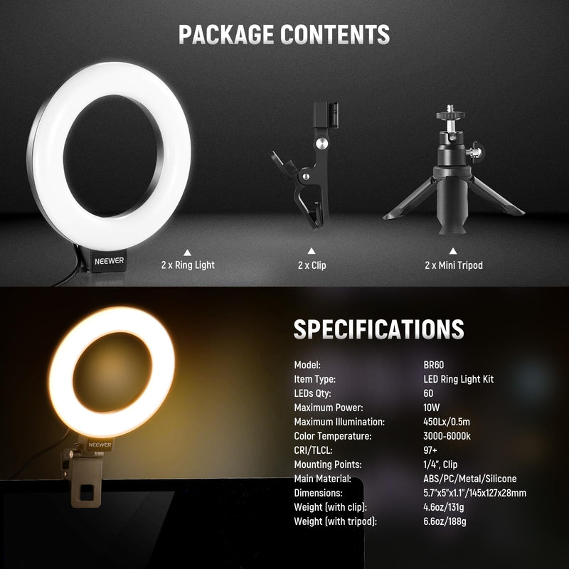 NEEWER BASICS 5" Ring Light for Video Conference Lighting, 2 Pack Clip on Light Kit with Desk Tripod Stands for Monitor Laptop Computer Zoom Call Live Streaming Recording Remote Working Learning, BR60