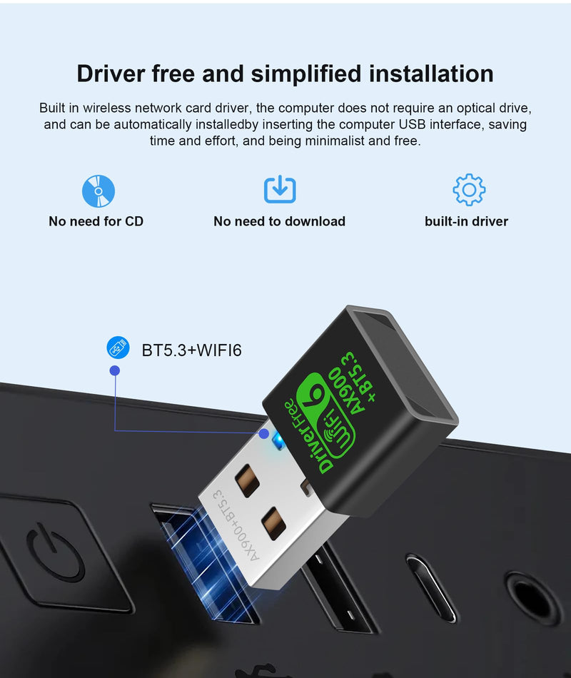 USB WiFi 6 & Bluetooth 5.3 Adapter for Desktop PC,AX900Mbps Dual Band 5/2.4Ghz Wireless Network Adapter ，Built-in Driver for PC/Laptop/Desktop 4dBi Antenna Compatible with Windows 10/11