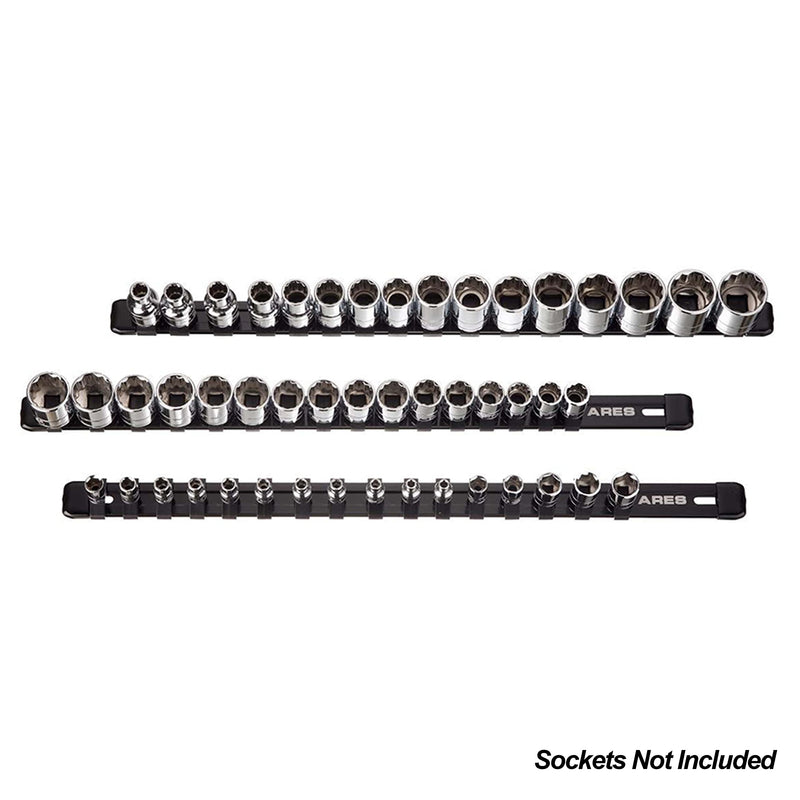 ARES 70087-3-Piece Aluminum Socket Organizer - 1/4-Inch, 3/8-Inch, and 1/2-Inch Drive Rails Hold 48 Sockets and Keep Your Tool Box Organized Multi-Drive Black