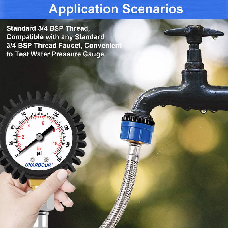 Uharbour Pressure Gauge Water Pressure Gauge 0-11Bar with 160Psi Dual Scale 3/4BSP to 1/2BSP, Buttom Mount, Water Pressure Gauge with Rubber Protection, Black 0-160PSI Bottom Mount