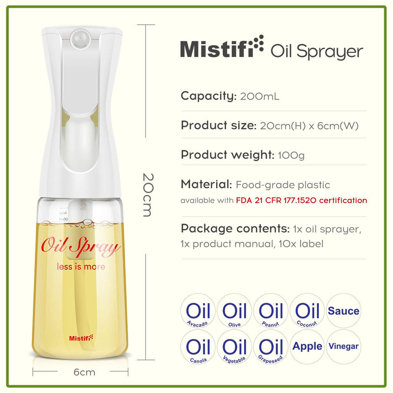Mistifi Oliver Oil Sprayer for cooking, Spray bottle 6oz, Non-Aerosol Refillable Dispenser Oil Mister (set of 2) Set
