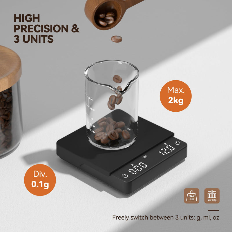 Rechargeable Coffee Scale with Auto Timing,Mini Espresso Scale with Timer, 2kg/0.1g High Precision Scale for Coffee Beans, Black M3-W 2.0