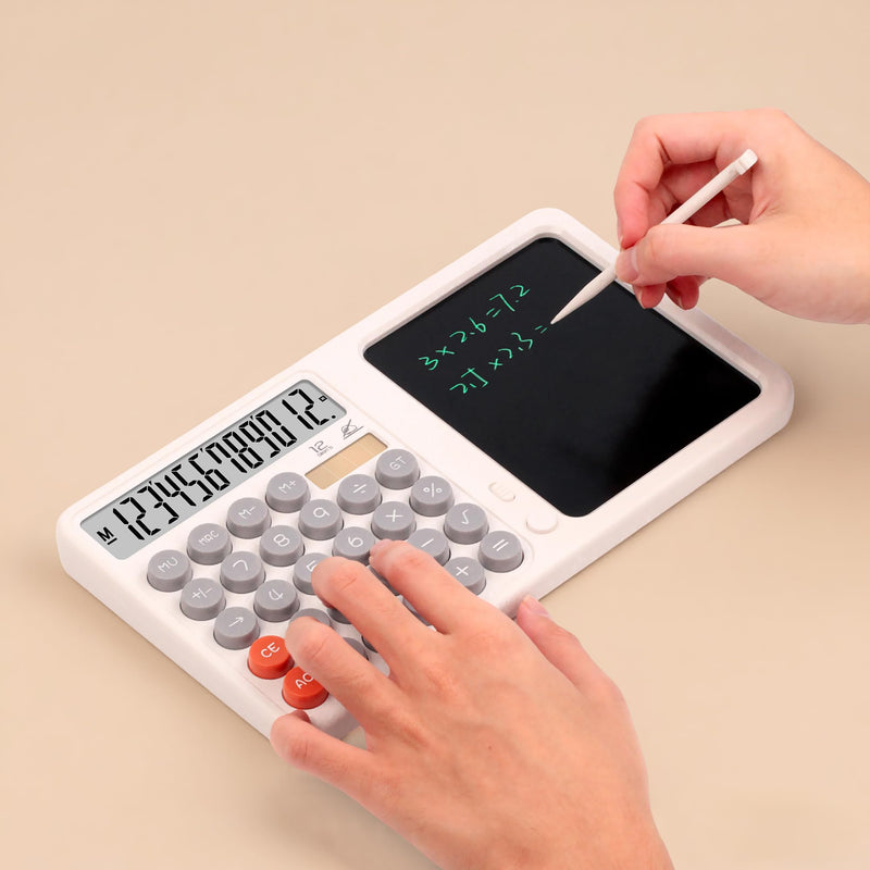 Dual Screen 12-Digit Desktop Calculator with Liquid Crystal Writing Tablet – Solar & Battery Powered Math Tool with Large Display for Office, Business & Study (White) White