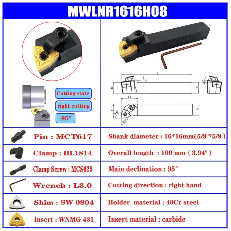 3PCS 5/8" CNC Lathe Excircle Indexable Carbide Turning Tool Holder Bit Set MTJNR1616H16 + MWLNR1616H08 + MCLNR1616H12 with 3pcs wnmg431, cnmg431, tnmg331 Indexable Carbide Inserts (Right Cutting)