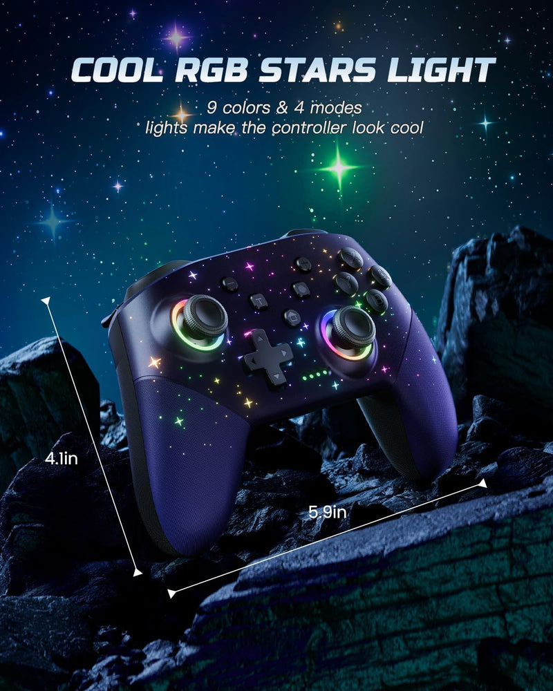 Switch Controller, LED Star Wireless Pro Controller Compatible with Switch/Lite/OLED, Multi-Platform Windows PC/IOS/Android Controller with 9 Colors RGB Light/Programmabele/Vibration/Turbo/Wakeup