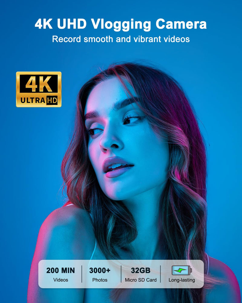 4K Digital Camera for Photography, WiFi 64MP Autofocus Vlogging Camera for YouTube, 3" 180° Flip Screen, 16X Zoom Antishake Compact Point and Shoot Travel Cameras with 32GB SD Card, 2 Batteries, Black