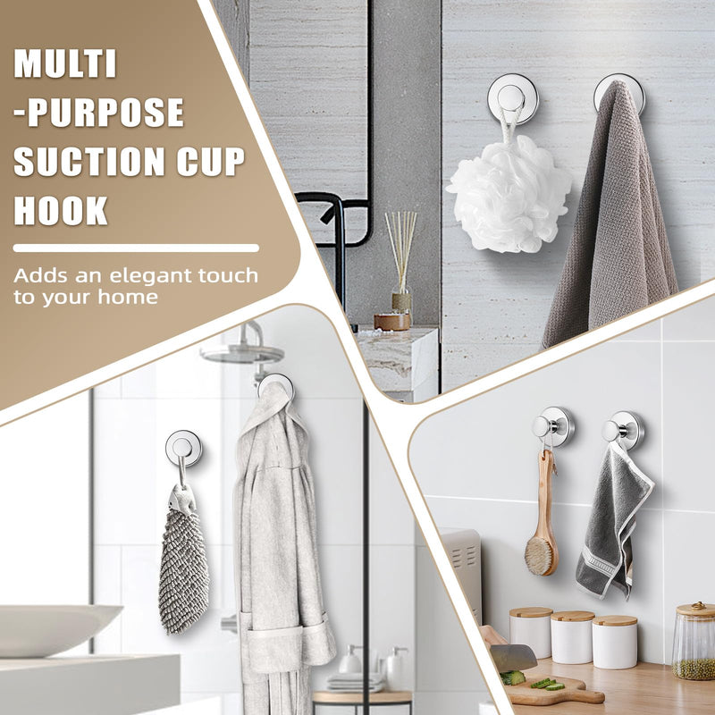 Suction Cup Hooks for Shower No-Drill Bathroom Hooks for Towels, Robes, Loofah Mountable on Bathroom Walls, Kitchen, Glass, Mirrors,Tile,Smooth Non-Porous Surfaces,Removable,4pcs,Chrome Polished 4 Chrome Polished