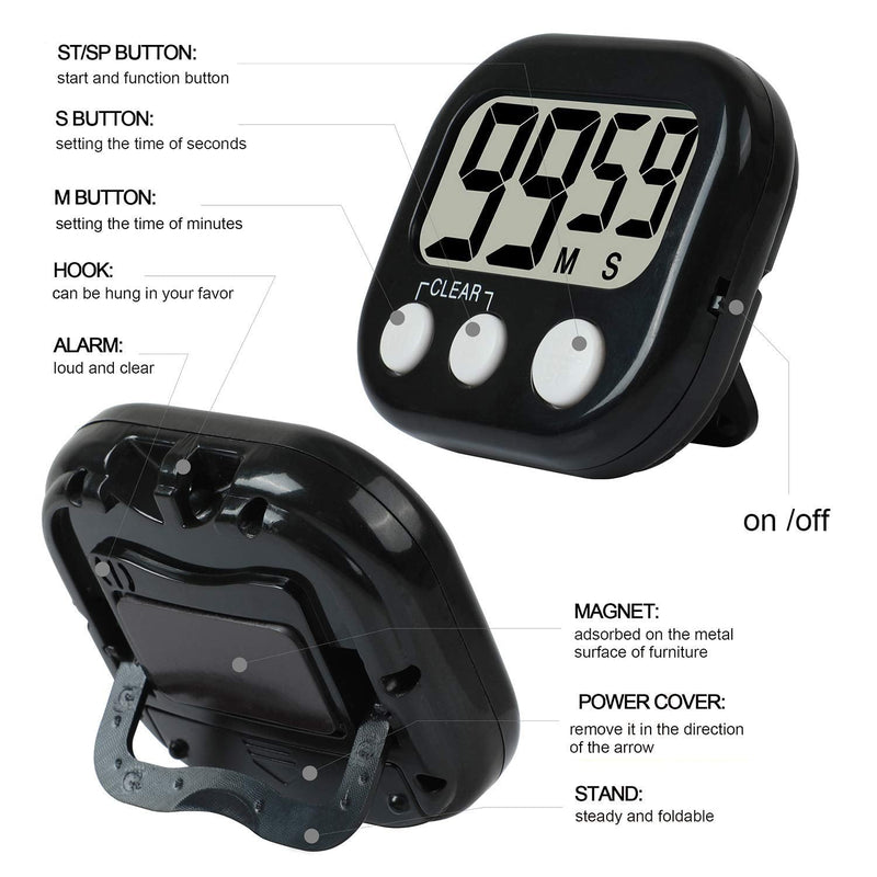 12 Pack Digital Kitchen Timer Large LCD Display Loud Alarm Strong Magnetic Stand, Minute Seconds Count Up Countdown and Simple Operation Timers for Cooking, Bathroom, Kids, Teacher, Classroom - Black 12