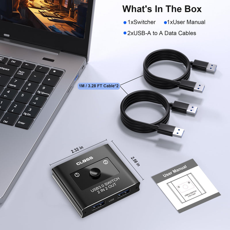 USB 3.0 Switch 2 in 2 Out, USB Switcher for 2 Computers, Share Keyboard, Mouse, Printer, Scanner, KVM Switch Selector, Compatible with Windows, Mac, Linux, Includes 2 USB-A 3.0 Cables 2 PC 2 USB 3.0