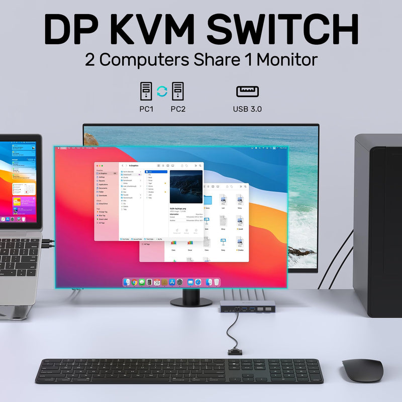 Displayport KVM Switch 2 Computers 1 Monitor, 8K@60Hz 4K@144Hz USB 3.0 DP KVM Switches for Two Computers Share one Screen with 4 USB Ports, Includes Desktop Controller and 5V Power Adapter Space Grey-DP 2 in 1 Out