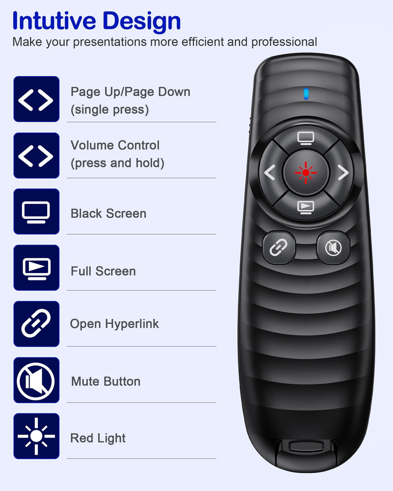 Wireless Presentation Clicker, Powerpoint Clicker Remote with Laser Pointer,Rechargeable Presentation Remote with Hyperlink & Volume Control for PowerPoint, Mac, Computer, Laptop Red Light-Rechargeable
