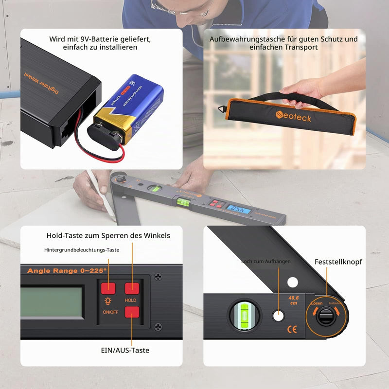 Neoteck Digital Protractor 400 mm with LCD Spirit Level 225° Angle Gauge for Vertical Horizontal Double Spirit Level - Black