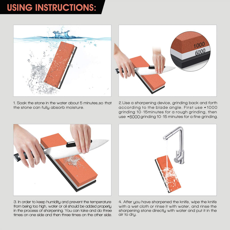 DDF IohEF whetstone, grit 1000/6000 sharpening stone, professional 2-in-1 double-sided knife sharpener with non-slip silicone holder and knife holder for knives
