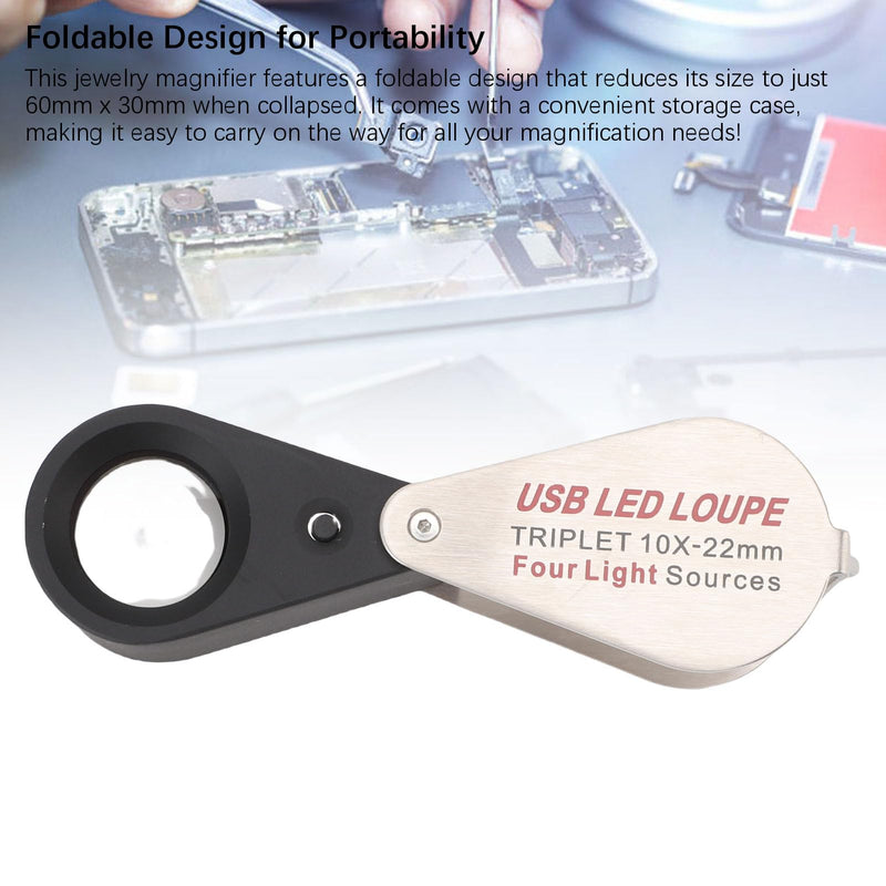 SEAFRONT 10x Magnifying Foldable LED Pocket Magnifier with 4 Light Modes USB Rechargeable Magnification Glass Compact 60 x 30 mm for Reading Inspection Jewellery