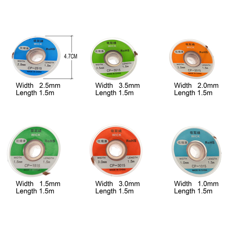 Solnoa 6 Rolls Desoldering Wire Desoldering Braid Wire Soldering Wick Desoldering Braid Wire Solder Wick Solder with Flux Soldering & Desoldering Devices (1.0/1.5/2.0/2.5/3.0/3.5 mm)