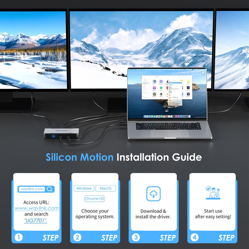 WAVLINK Triple Monitor Adapter for M1/M2/M3/M4 macOS Systems. Type-C&A Hosts, 100W PD in, 3 HDMI 2 DP Available, Triple 4K@60Hz, SMI Driver Required