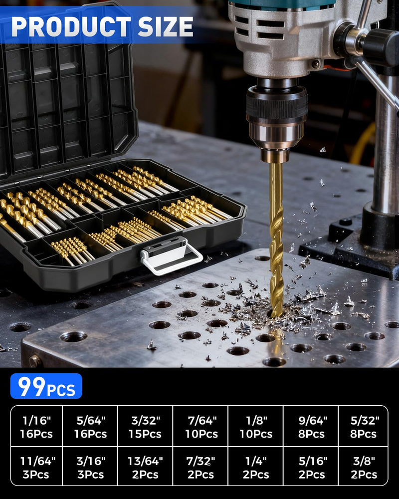 COMOWARE M35 Cobalt Drill Bit Set for Hardened Metal and Stainless Steel, 99Pcs Tri-Flat Shanks High Speed Steel Twist Jobber Metal Drill Bits 1/16"-3/8", with Plastic Index Storage Case