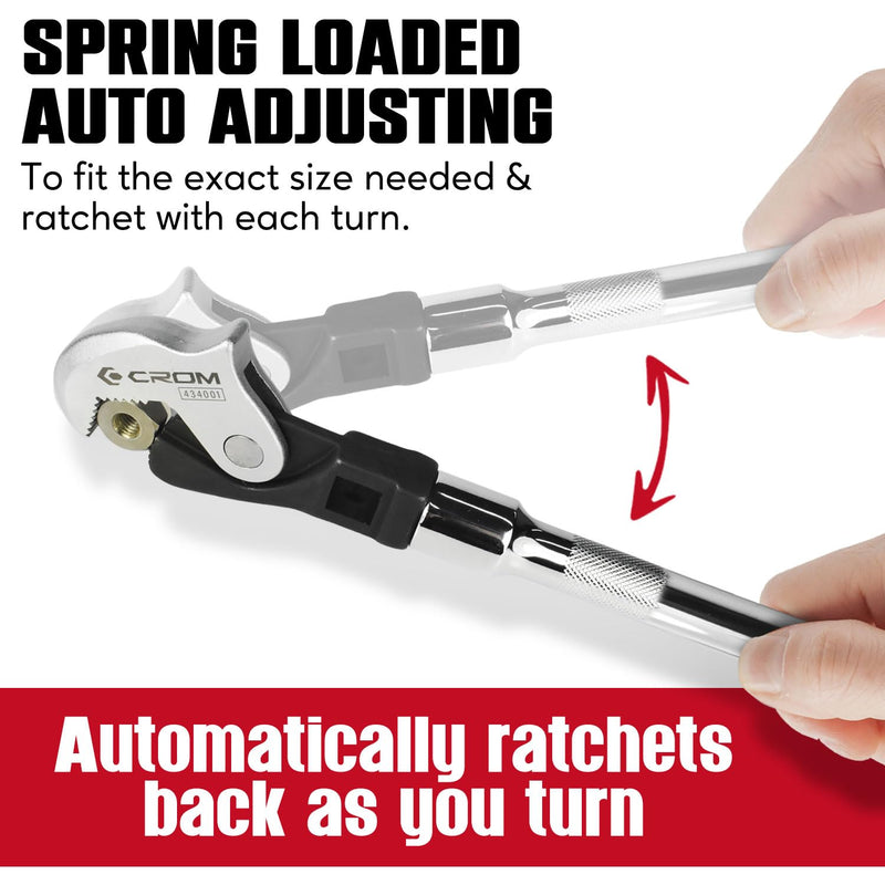 CROM Adjustable Crowfoot Wrench Set - Spring Loaded Wrench – Male & Female Square Drives Work With Ratchet, Breaker Bar, Extension Bar (3 Piece Set (1/4", 3/8", 1/2")) 3 Piece Set (1/4", 3/8", 1/2")