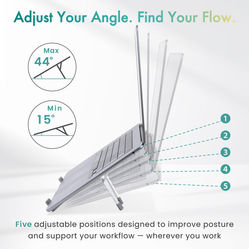 BELLEMOND | Adjustable Laptop Stand – Lightweight Aluminum Riser with 5 Height Levels | Foldable, Ventilated X-Frame Design | Designed in Japan | Fits Laptops & Tablets up to 17.3” | Space Silver