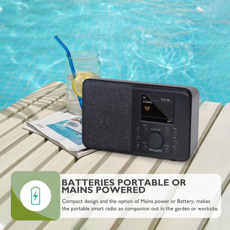 SR10 Internet Radio,WIFI Radio,Podcast Player, Bluetooth Speaker, Smart Radio, Portable FM Radio, Mains and Battery Powered Radio, Color Display,Dual Alarms, Presets,App Control Support-Black Black Mono
