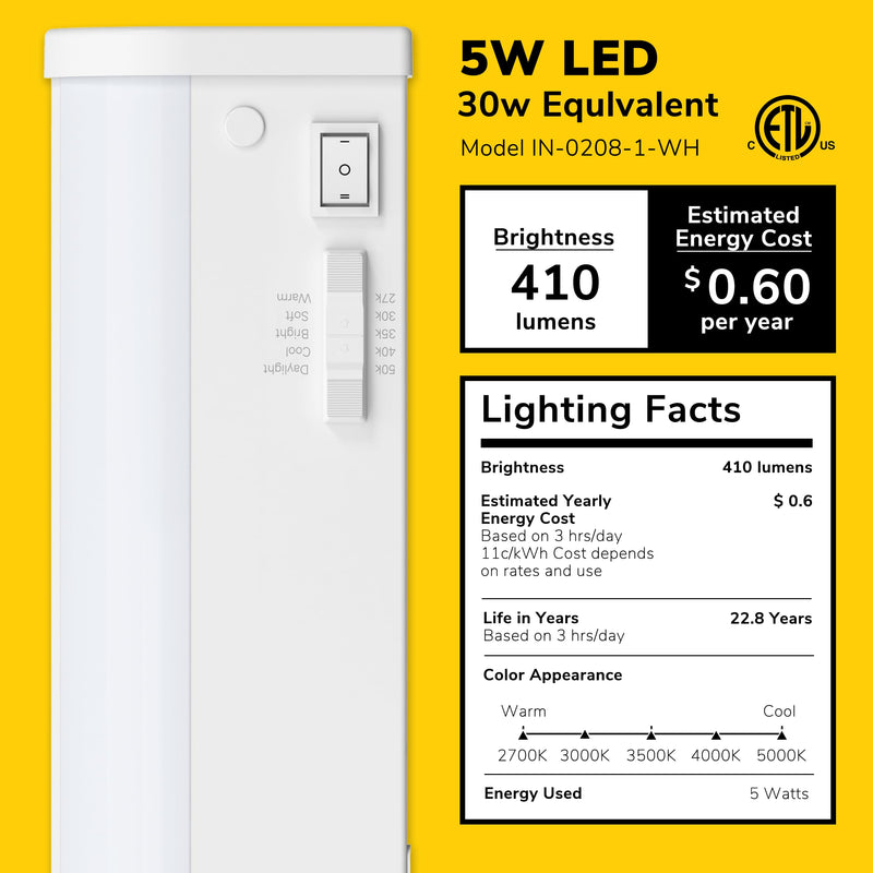 Inlight 12" LED Under Cabinet Lighting, 5 CCT Selectable 2700-5000 K, Dimmable, ETL-Listed, White Finished, IN-0208-1-WH 12 inch