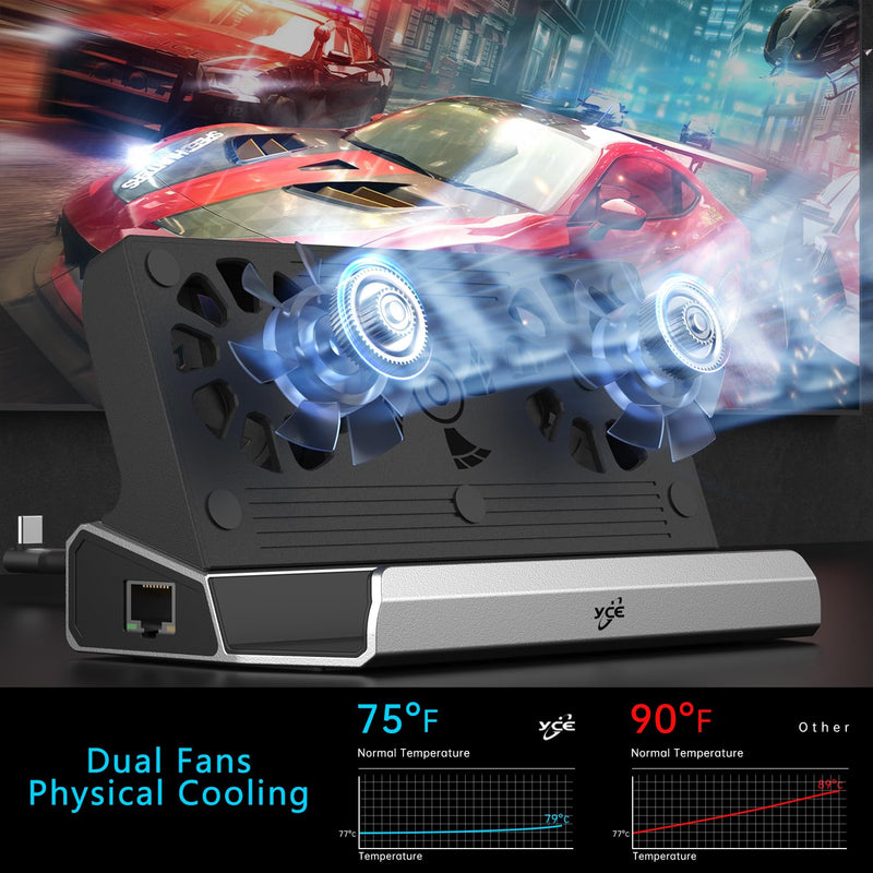 Dual Cooling Fans 12 in 1 Steam Deck Docking Station with 4K@60Hz 2.0,6 USB Ports,1000Mbps,USB-C 100W PD,40Gbps Adapter for Steam Deck/Rog Ally/Switch/Legion Go