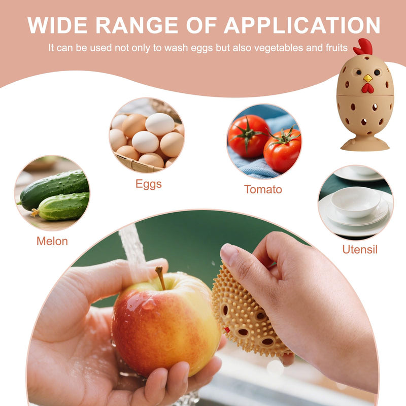 4PCS Silicone Egg Cleaner Brush Set, Egg Wash Brush Scrubber for Fresh Eggs Fruits Vegetables, Reusable Non-Scratch Multifunctional Rotating Egg Washer Tool (Brown) Brown