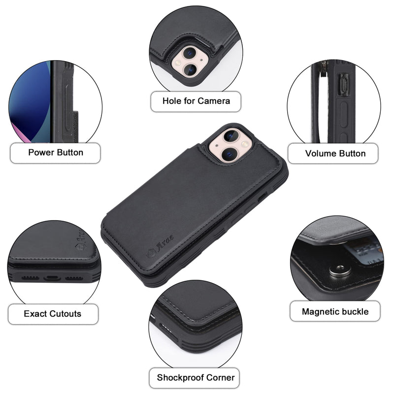 Arae for iPhone 13 Case with Card Holder - Wallet Case with PU Leather Card Pockets Back Flip Cover for iPhone 13 6.1 inch, Black iPhone 13 6.1''