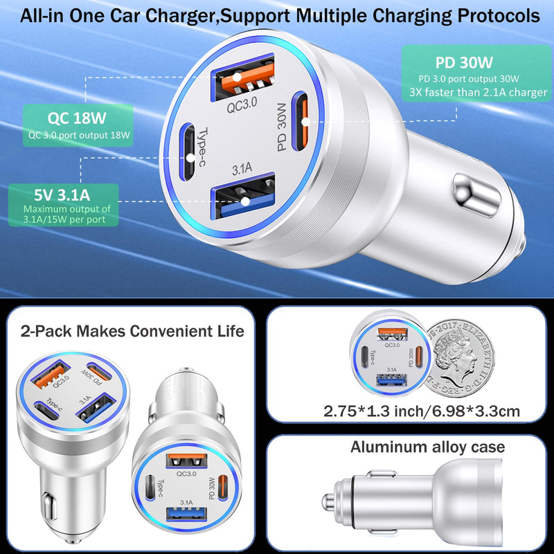 USB C Car Charger Adapter, 2 Pack 65W 4 Ports Super Fast Cigarette Lighter USB Charger, PD3.0 & QC3.0 30W Type C Car Charger for iPhone 15 Pro Max Plus, Samsung Galaxy S24/S23,iPad Pro, Pixel/Moto/LG Silver