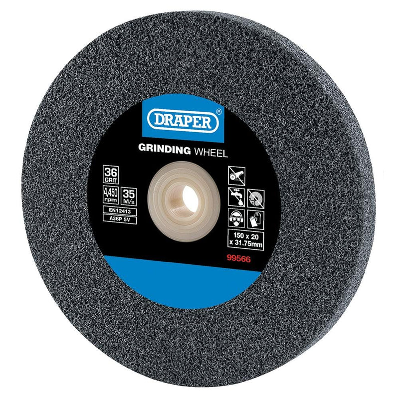 Draper Tools Expert 150 x 20mm Aluminum Oxide Bench Grinding Wheel | 36 grit, 31.75 mm bore, includes 5 reducing rings, for steel and non-ferrous metals