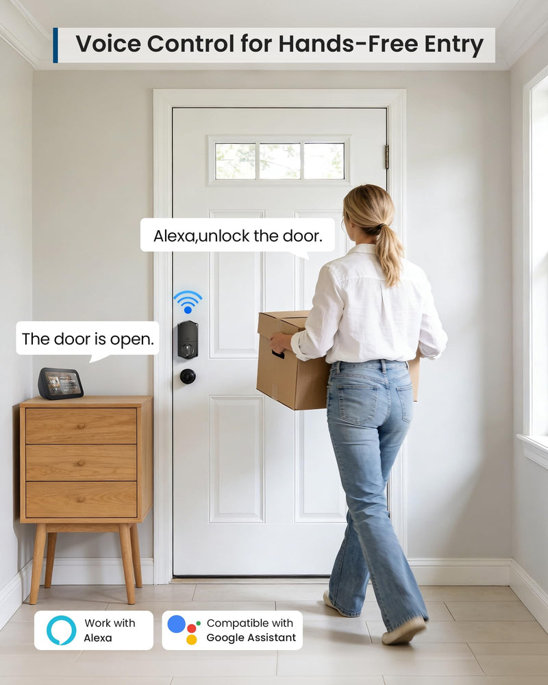 TEEHO TE011W Wi-Fi Keyless Entry Door Lock with Keypad - Smart Deadbolt Lock for Front Door with 2 Keys - Remote Control, Compatible with Alexa & Google, APP Unlock - Easy Installation - Matte Black