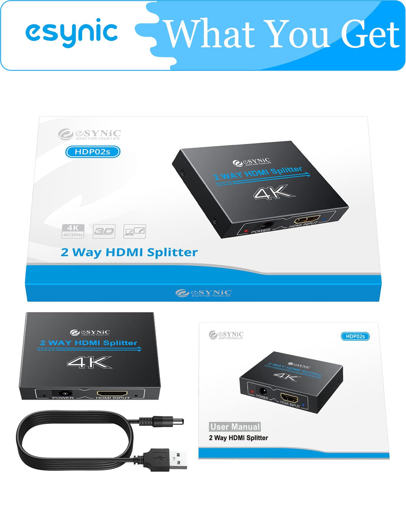 eSynic Portable 4K/30HZ HDMI Splitter 2 Way HDMI Adapter 1 in 2 Out [Only Mirror No Extend Mode] HDMI 1.4 Version for HDTV PS4 Blu-ray Player Laptop Satellite [Not Support HDCP Bypass]