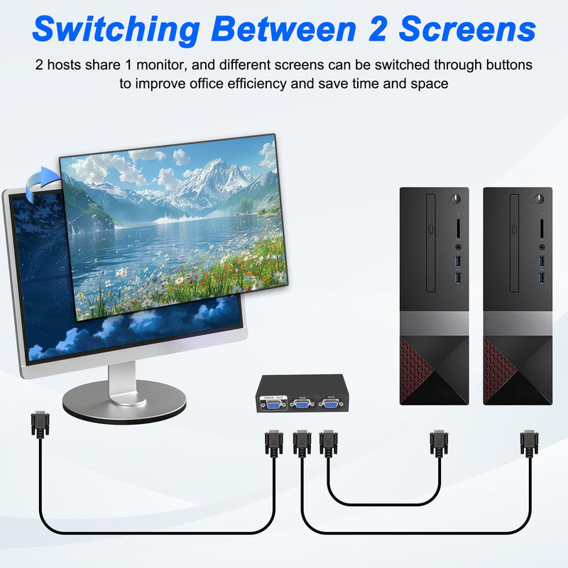 XMSJSIY VGA Switch Box 2 in 1 Out VGA Audio Video Switcher Splitter Dual Monitor 1080P 2 Port VGA Video Sharing Selector Adapter Support VGA, XVGA, SVGA, UXGA VGA Monitor Switch for PC, Projector, TV