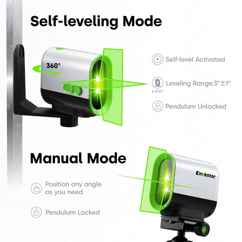 ENVENTOR Green Laser Level, Self Leveling Laser Level, Horizontal and Vertical Cross-Line, Rotatable 360° Magnetic Holder, Pulse Mode, USB Charging, Rechargeable Li-ion Batteries