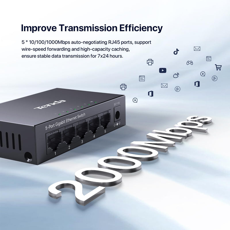 Tenda TEG1005D 5 Port Gigabit Switch, Unmanaged Ethernet Switch, Network Splitter with Traffic Optimization, Plug & Play, Fanless Metal Design Network Switch,IGMP,QoS (Black) TEG1005D-V4.0